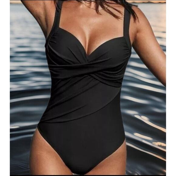 Cupshe Black One Piece Swimsuit Women’s Medium V-Neck Ruched Adjustable Straps - Picture 1 of 8